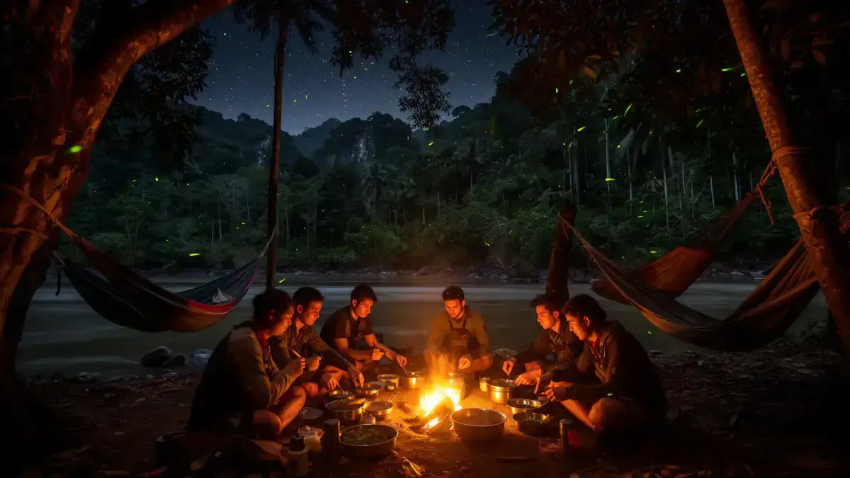 Jungle riverside camp at night