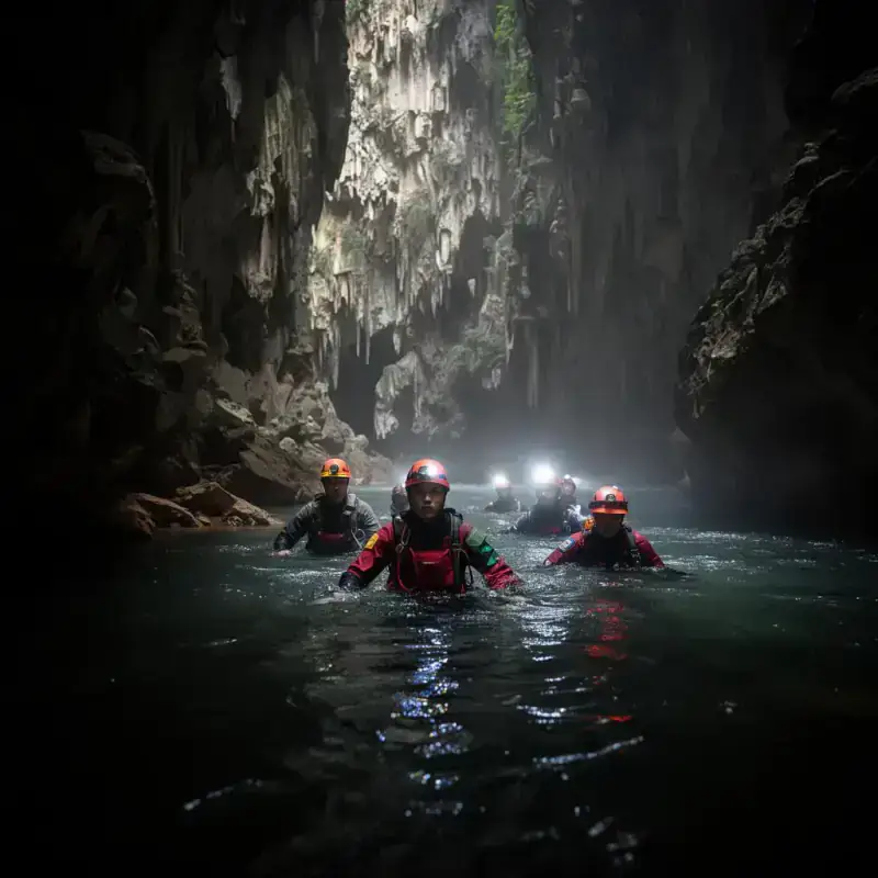 Cavers wading through underground river