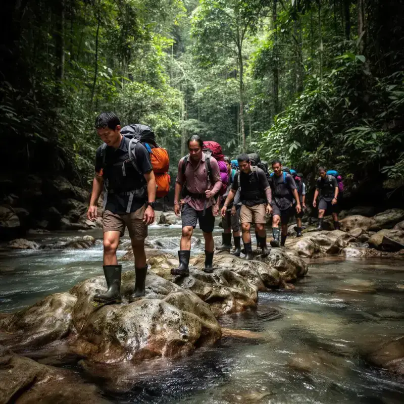 Trekkers crossing jungle river