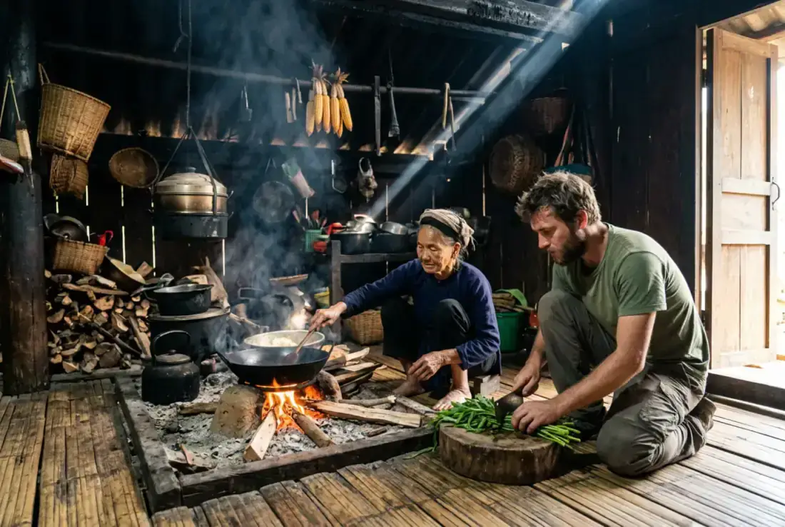 Cooking together in stilt house kitchen