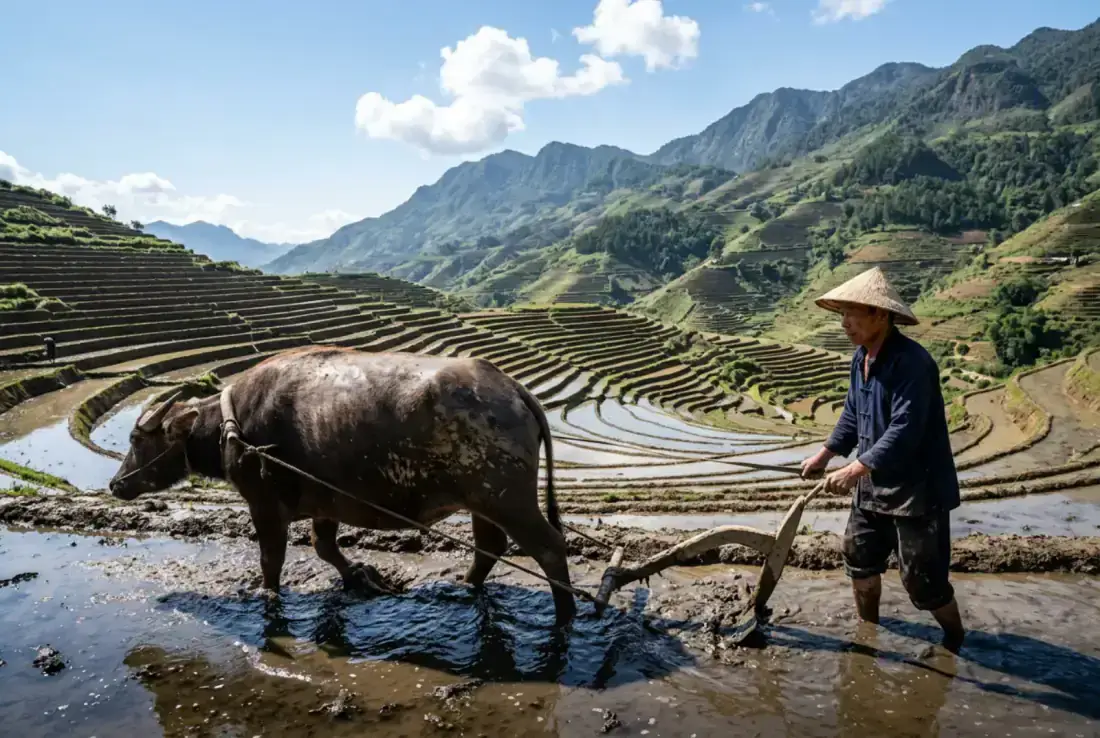 Hmong farmer with water buffalo