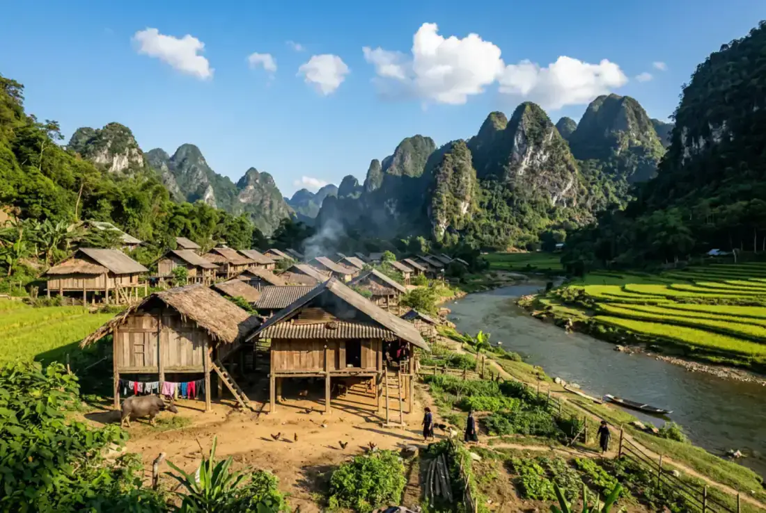 Tay stilt-house village at dusk