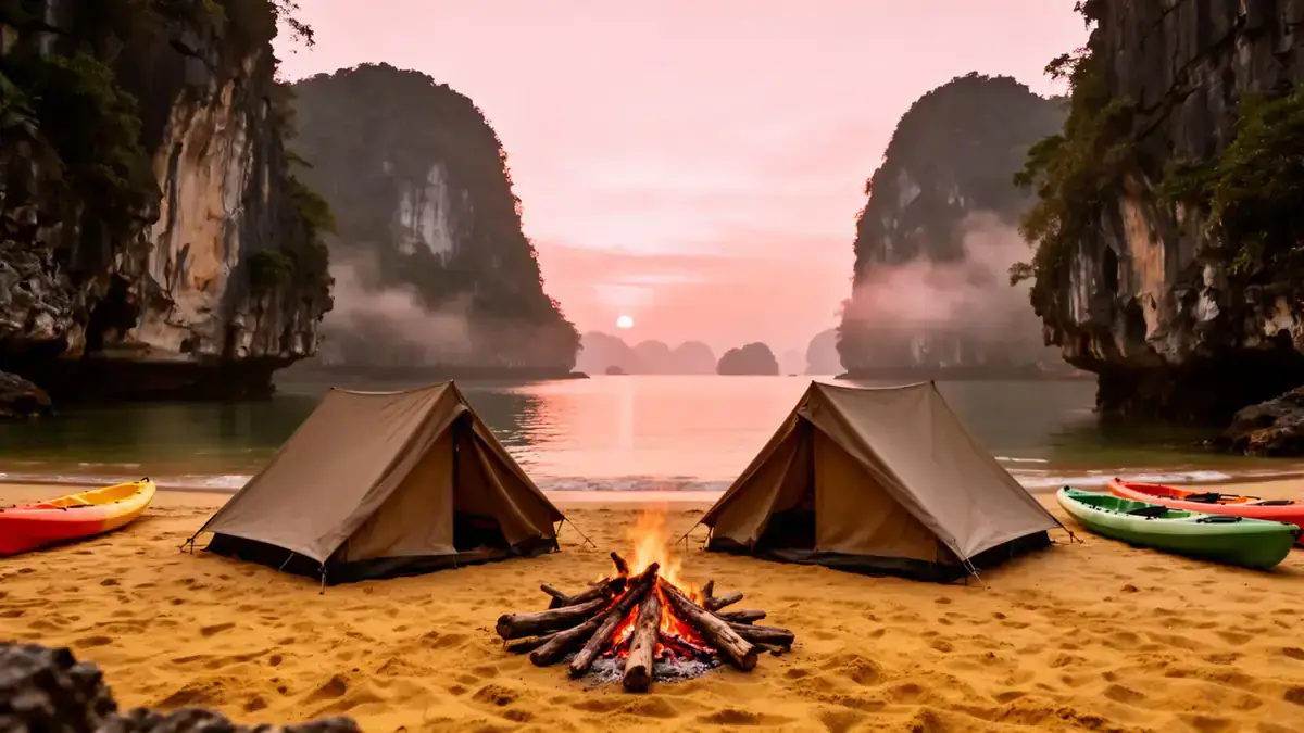 Beach camp at sunset