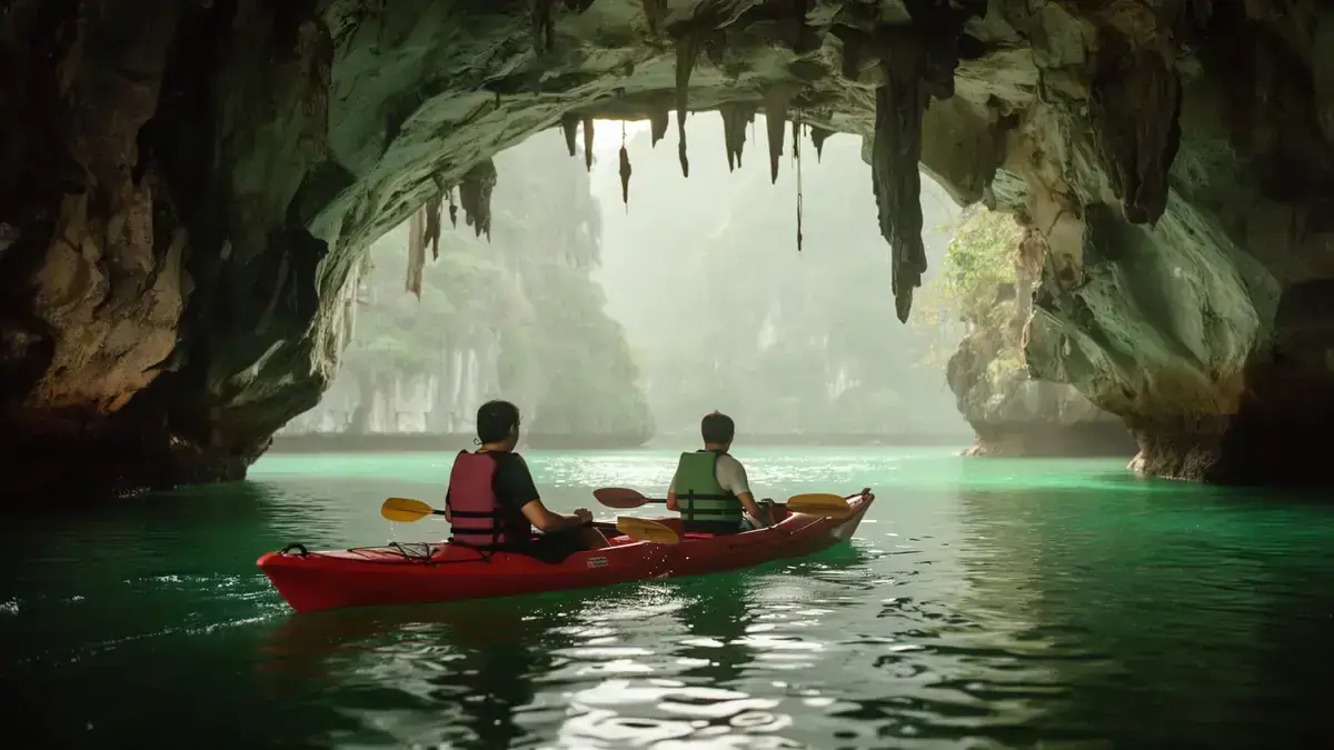 Kayakers paddling through sea cave
