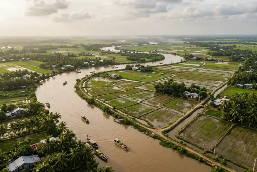 Aerial view of Mekong delta rivers and rice paddies at sunset