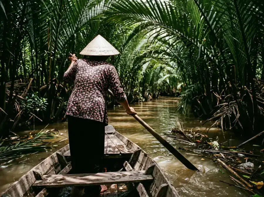 Sampan rowing through nipa palm canal