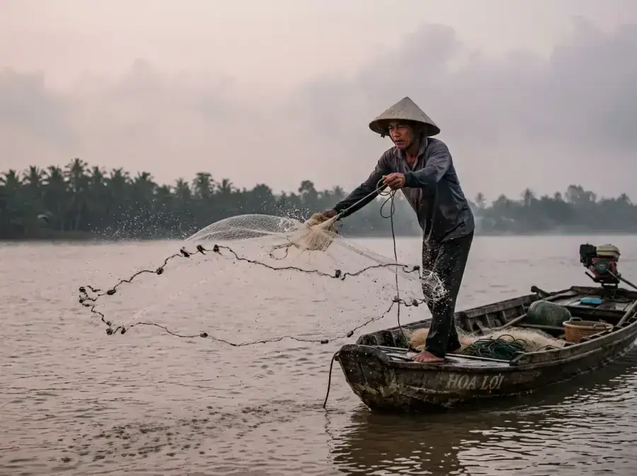 Fisherman casting circular net at sunrise