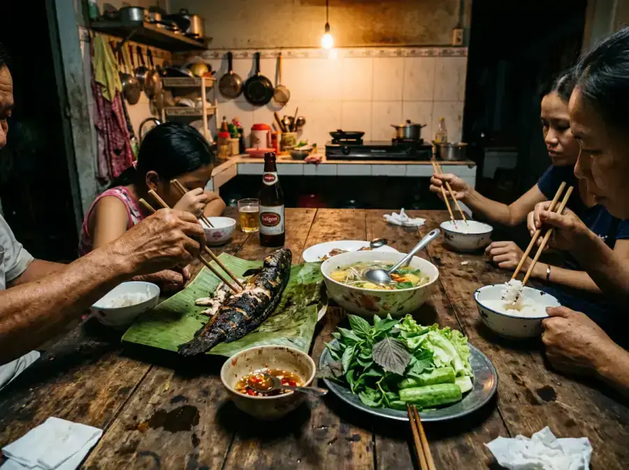 Mekong family feast with grilled fish