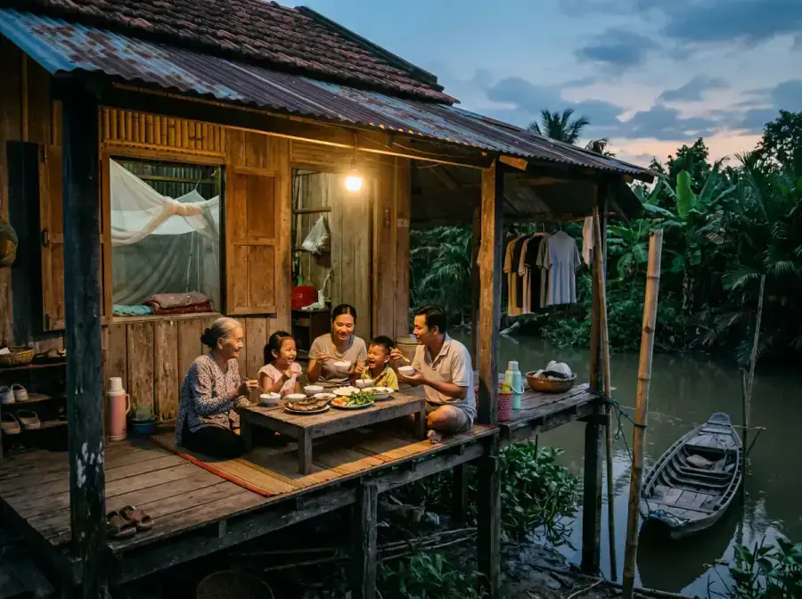 Stilt-house homestay over Mekong river at dusk