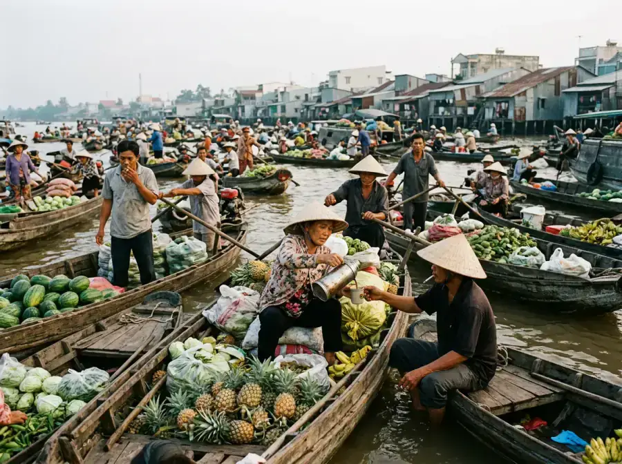 Cai Rang floating market boats at sunrise