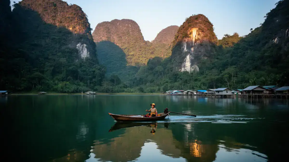 Wooden boat on Ba Be Lake at dusk