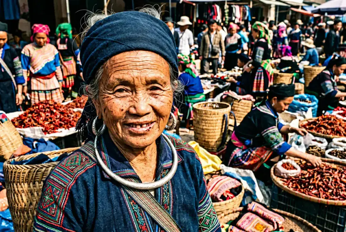 Hmong elder portrait at Dong Van highland market