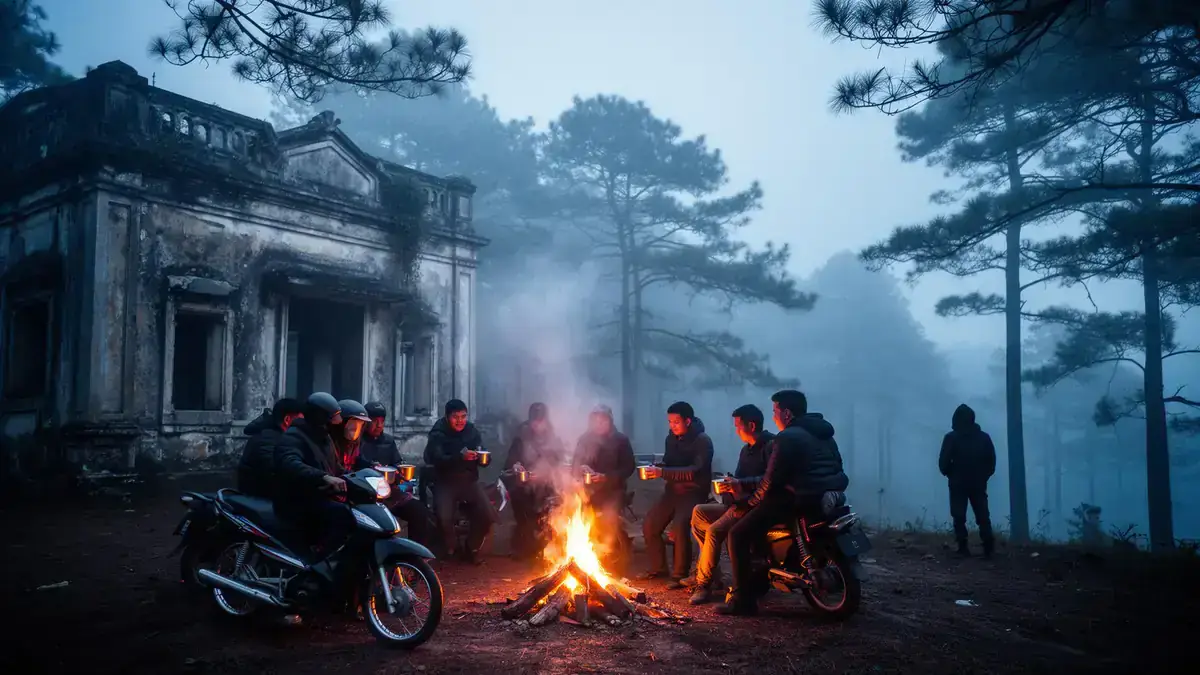 Riders around fire at Mau Son French colonial ruin